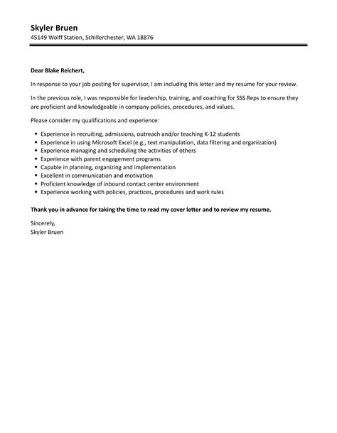 Supervisor Cover Letter Examples